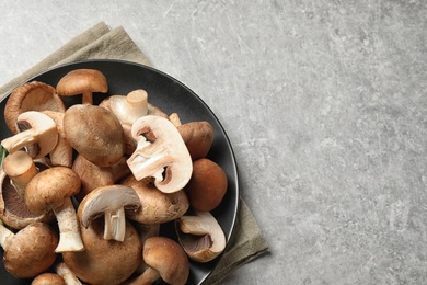 Photo of Flat lay composition with fresh wild mushrooms on light grey table, space for text