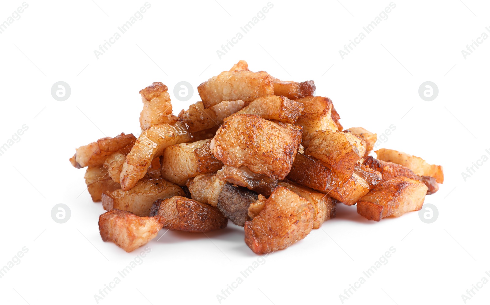 Photo of Tasty fried cracklings on white background. Cooked pork lard