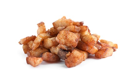 Tasty fried cracklings on white background. Cooked pork lard