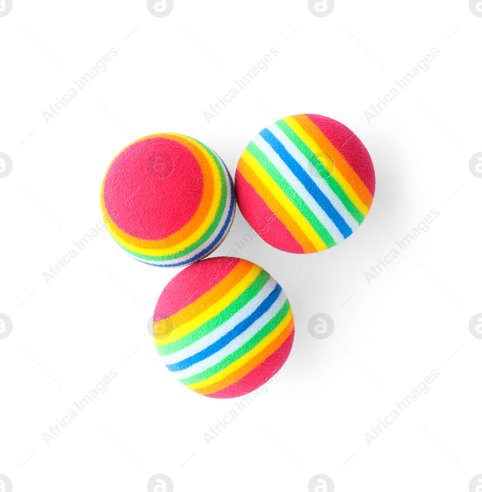 Photo of Colorful balls for cat on white background. Pet toys