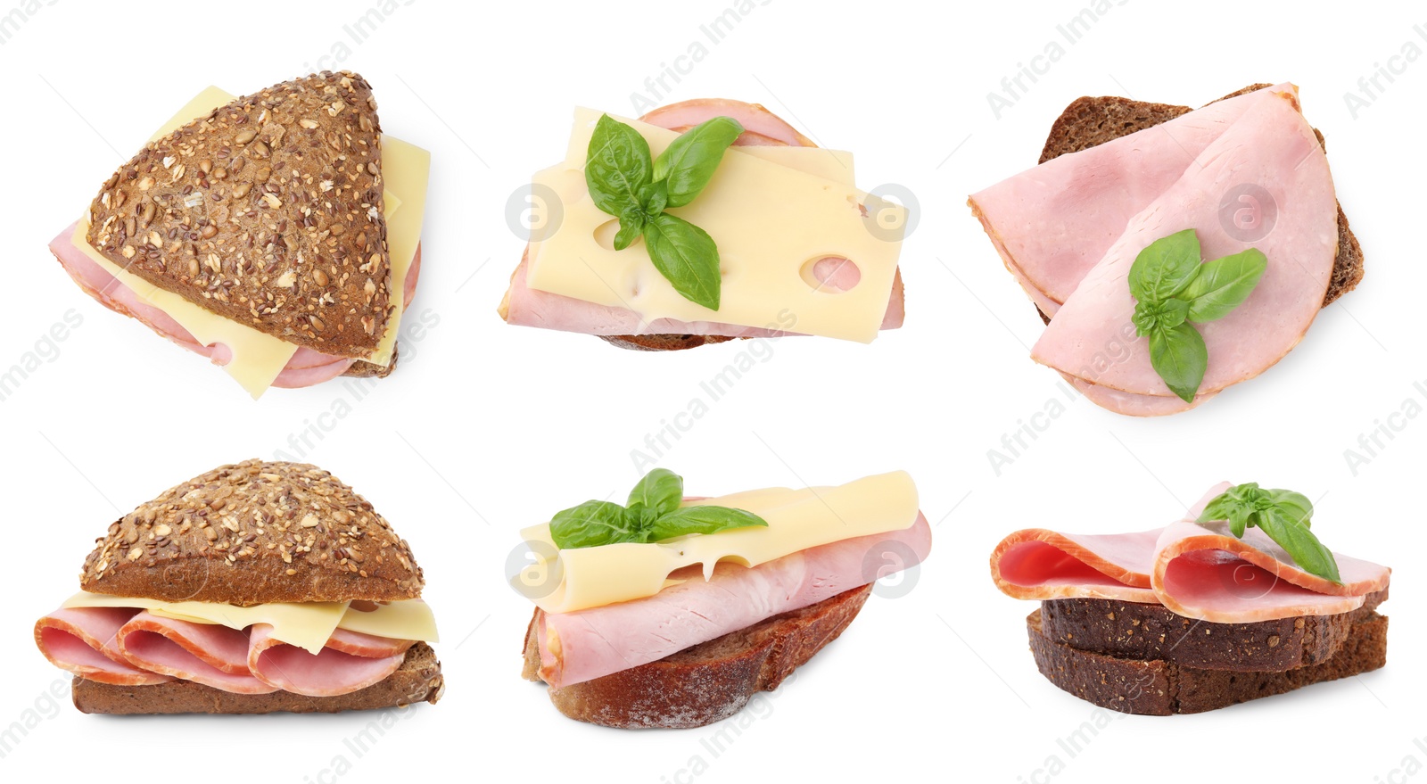 Image of Different tasty sandwiches with ham isolated on white, different sides