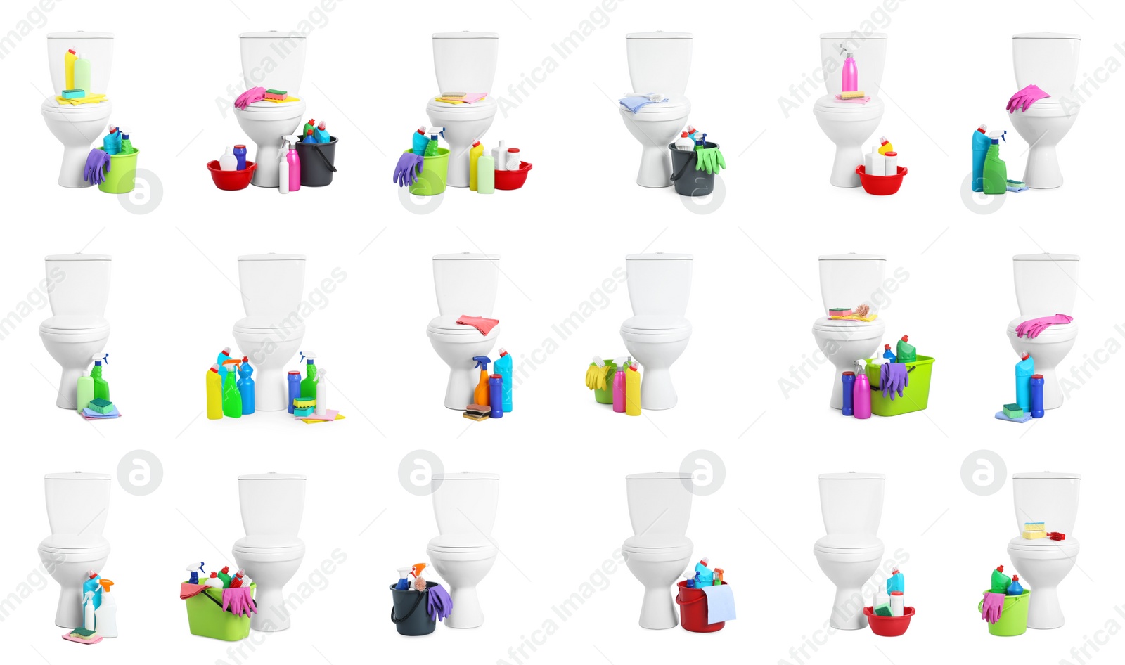 Image of Set with toilet bowls and cleaning supplies on white background