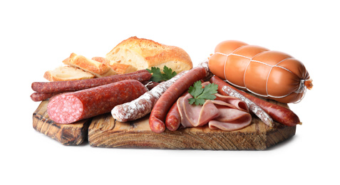 Photo of Wooden board with different tasty sausages isolated on white