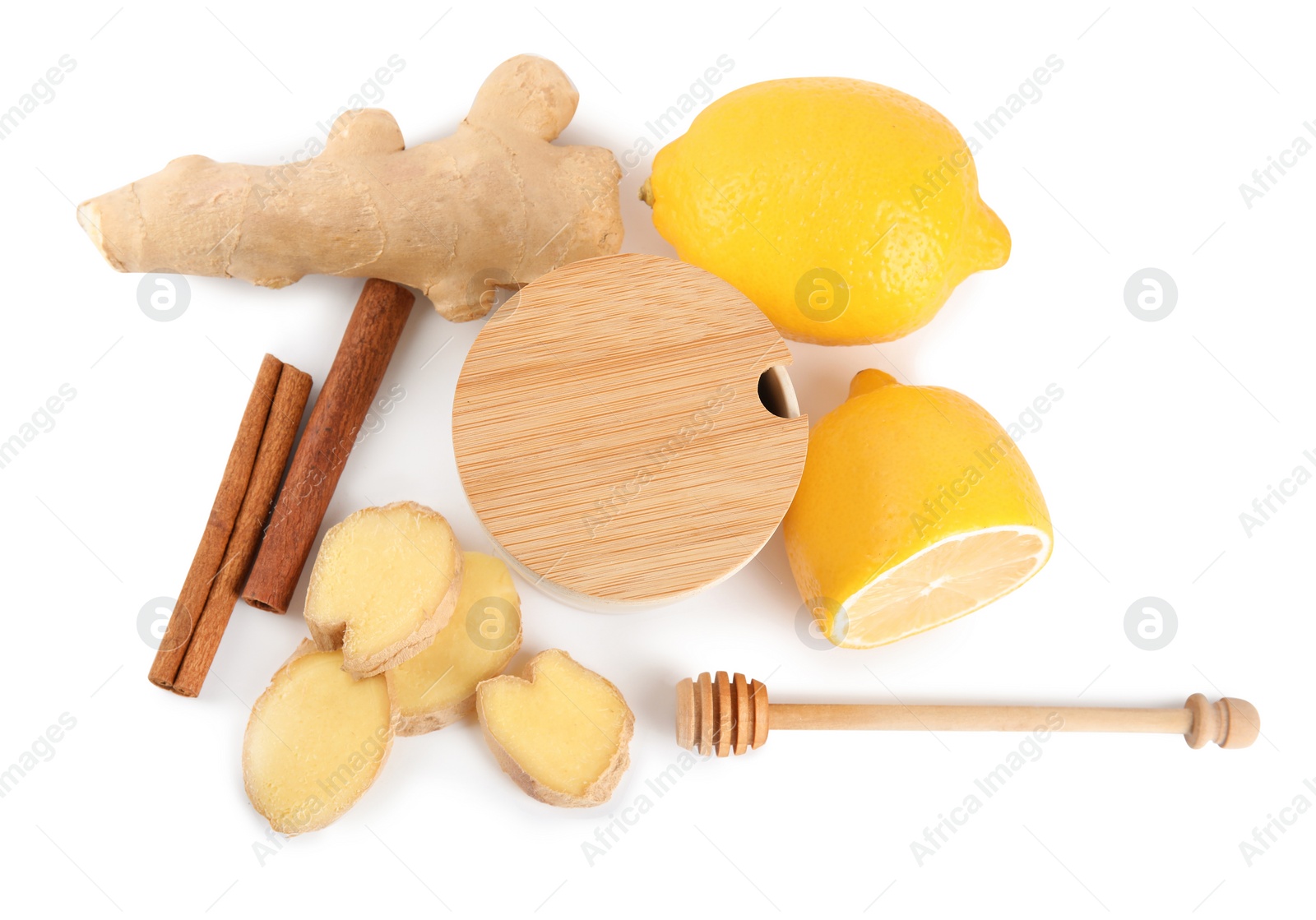 Photo of Composition with cold remedies on white background, top view. Sore throat treatment