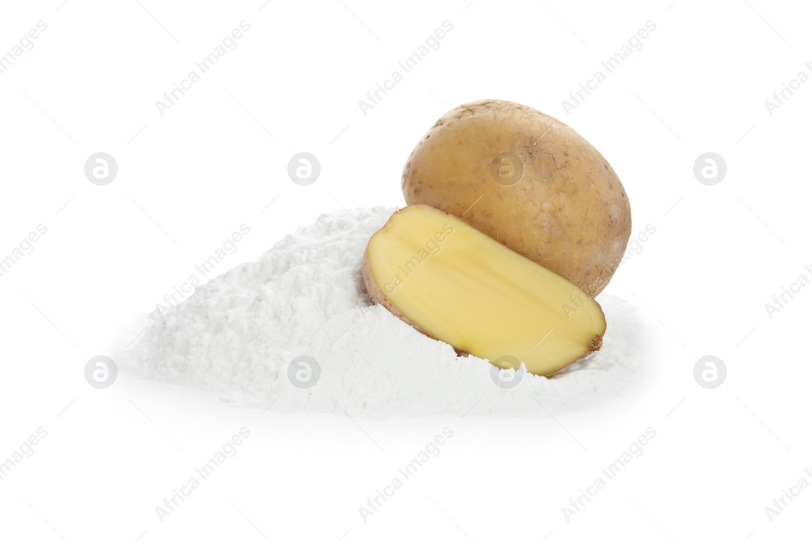 Photo of Pile of starch and fresh raw potatoes on white background