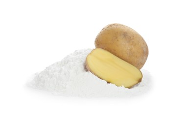 Pile of starch and fresh raw potatoes on white background