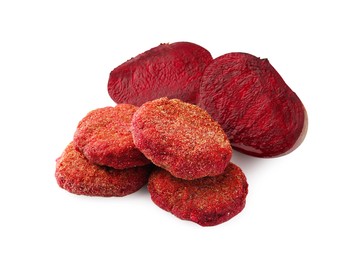 Tasty vegan cutlets with cut beet isolated on white