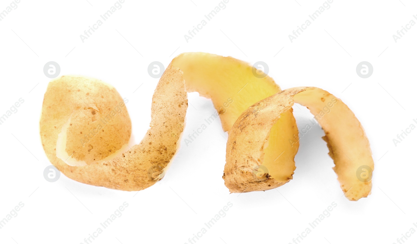 Photo of Potato peel on white background. Food waste