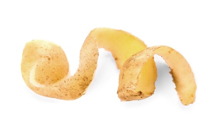 Potato peel on white background. Food waste