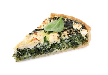 Piece of delicious homemade spinach quiche isolated on white
