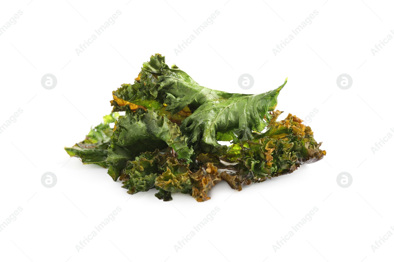 Photo of Tasty baked kale chips isolated on white