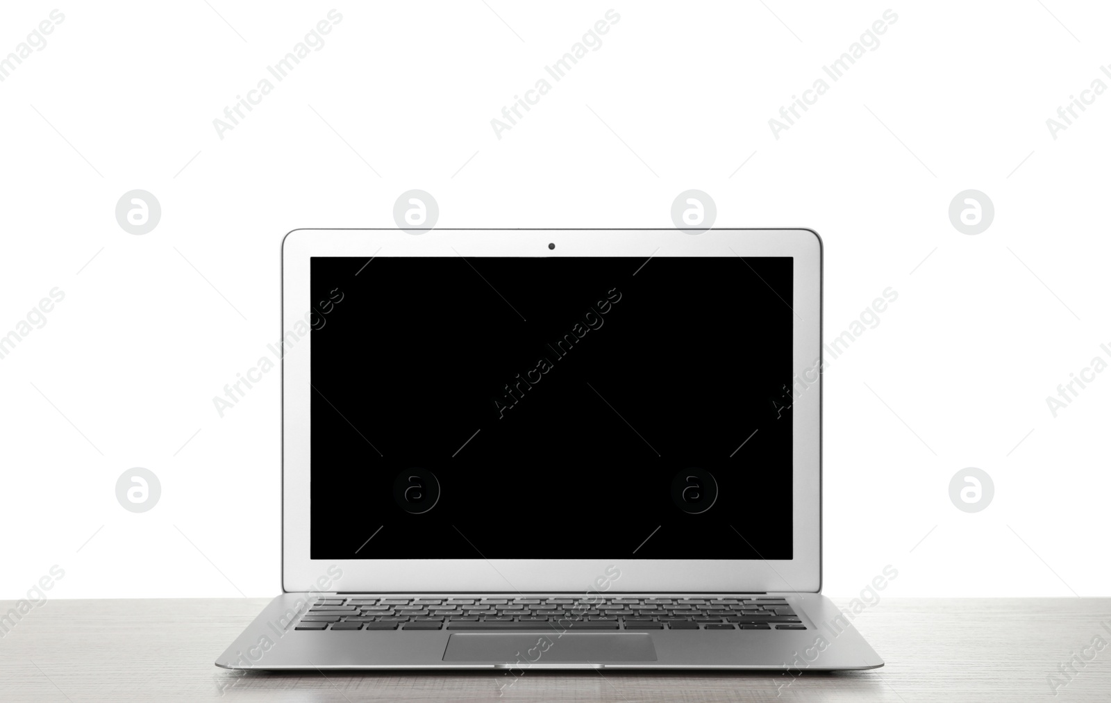 Photo of Laptop with blank screen on white background. Modern technology