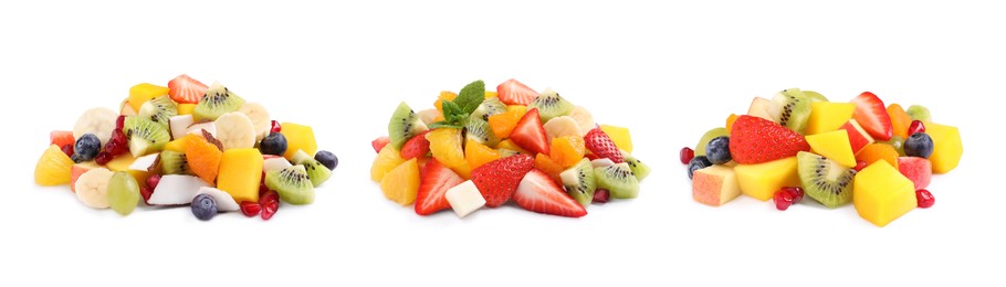 Fruit salad, collection. Mixed fresh berries and fruits isolated on white