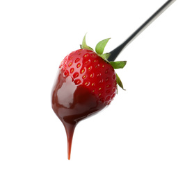 Strawberry with chocolate on fondue fork against white background