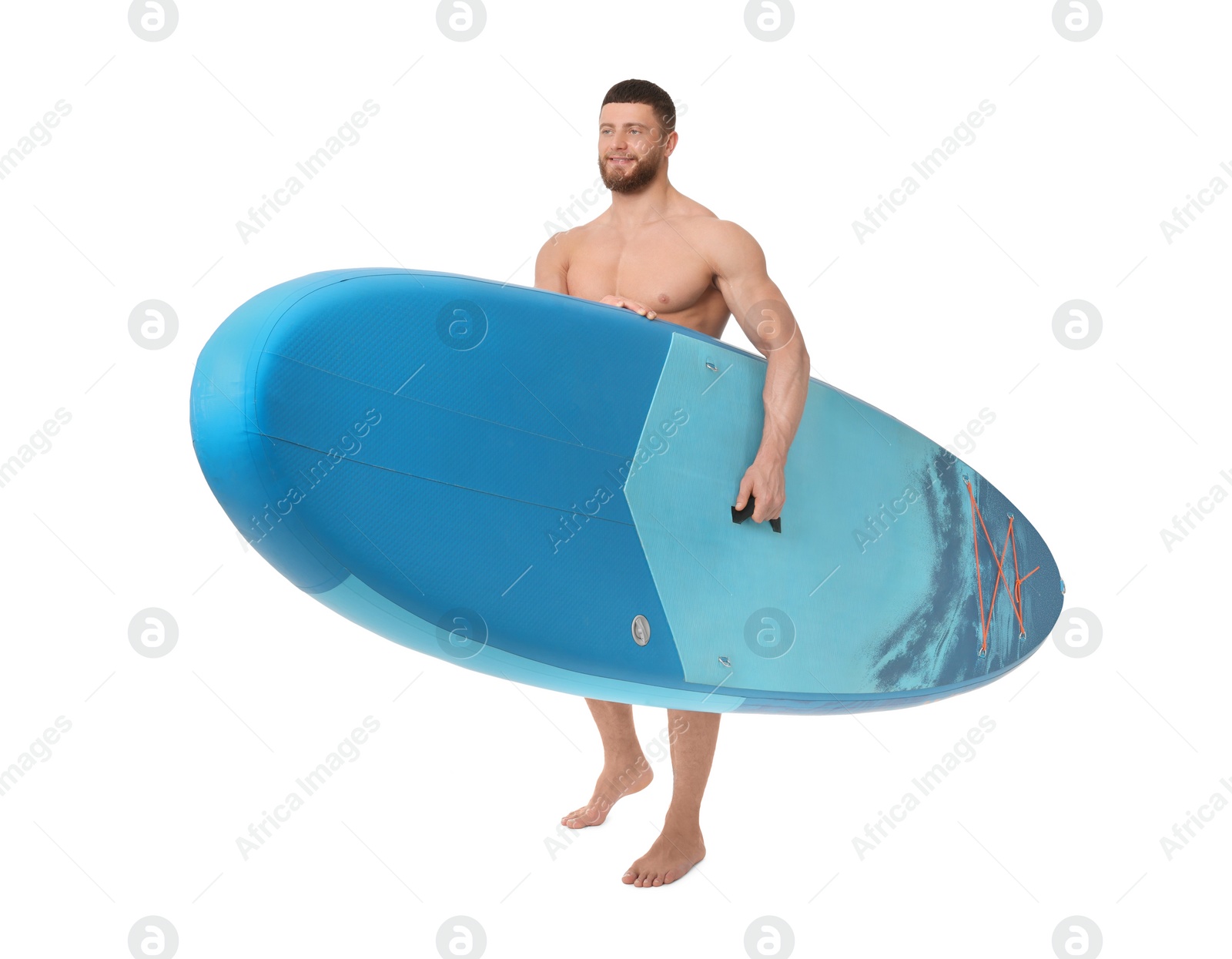 Photo of Handsome man with blue SUP board on white background