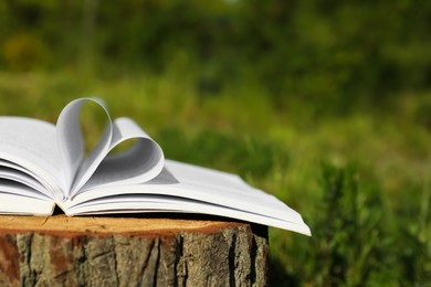 Photo of Open book on tree stump outdoors, closeup. Space for text