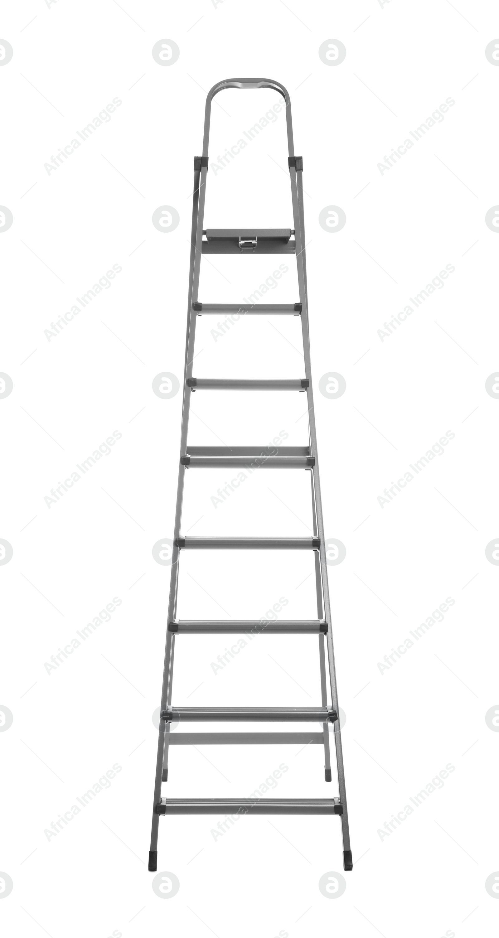 Photo of Modern metal stepladder isolated on white. Construction tool