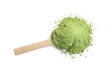 Photo of Wooden spoon with green matcha powder isolated on white, top view