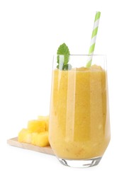 Photo of Glass of tasty pineapple smoothie isolated on white