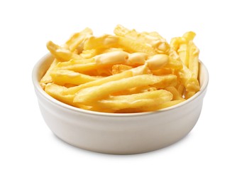 Photo of Delicious french fries with cheese sauce in bowl isolated on white