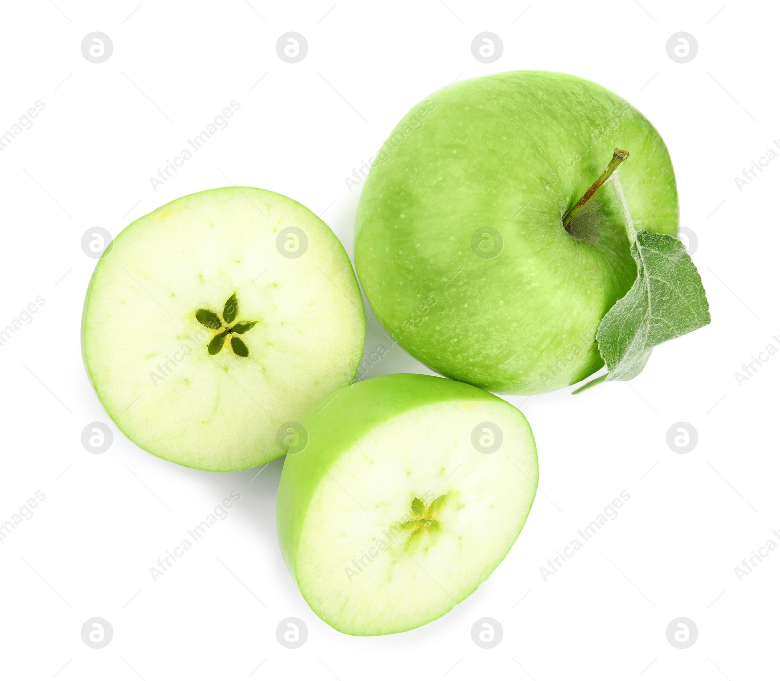 Photo of Fresh ripe green apples with leaf on white background, top view