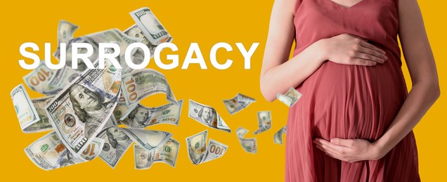 Image of Surrogate mother and flying money on orange background, closeup. Banner design