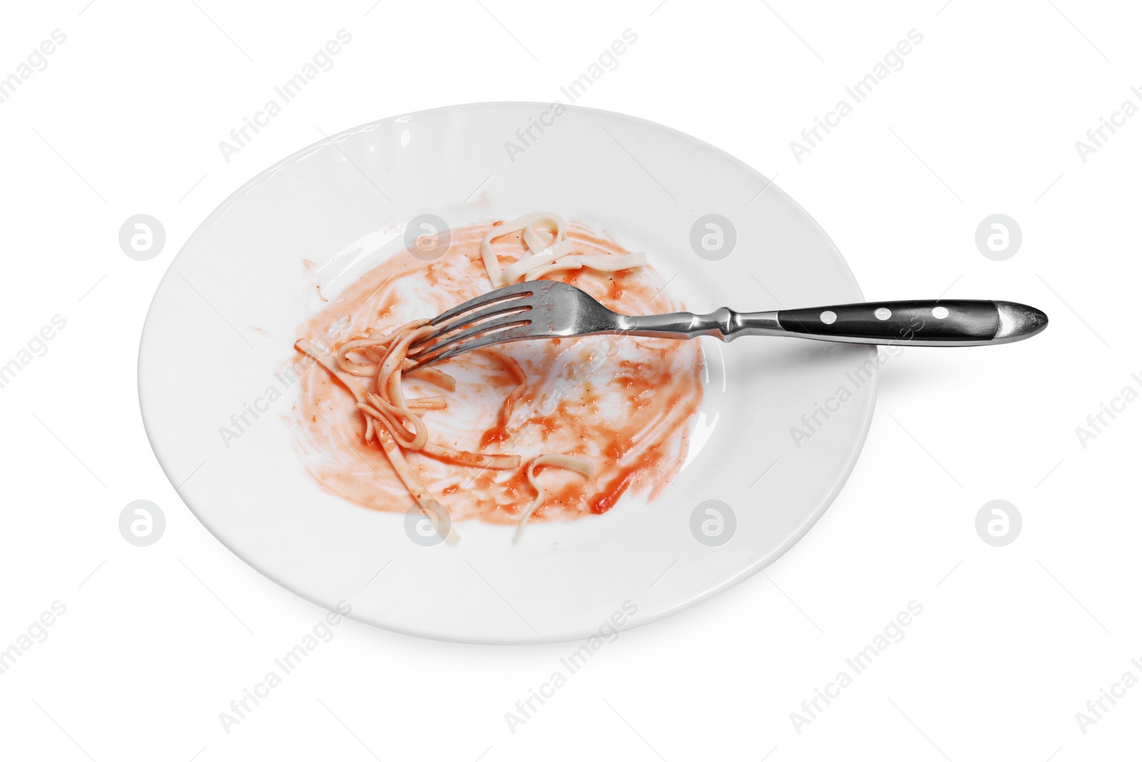 Photo of Dirty plate and fork on white background