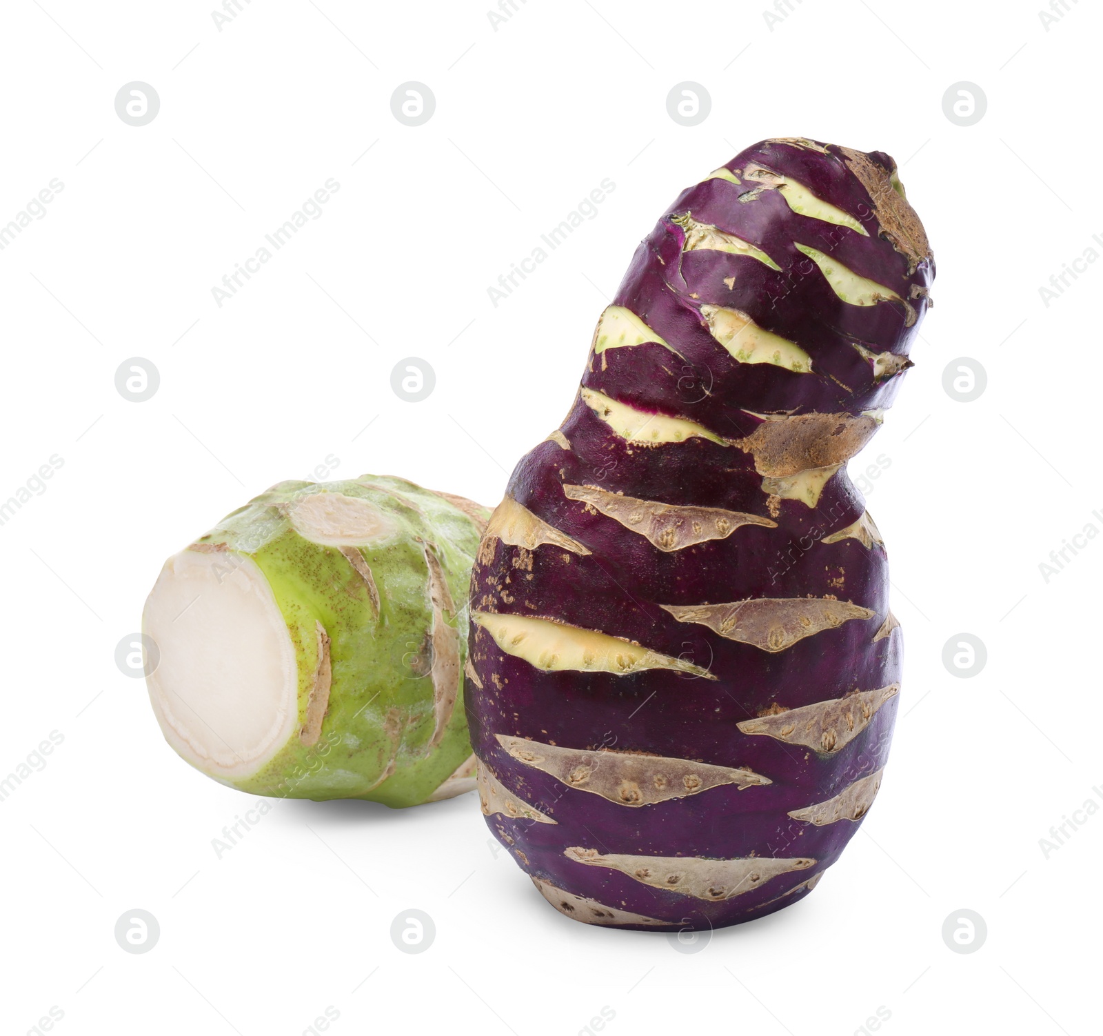 Photo of Tasty purple and green Kohlrabi cabbages on white background