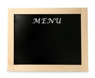 Image of Black chalkboard with word Menu on white background. Mockup for design