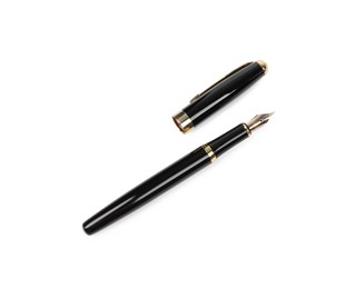 Photo of Stylish black fountain pen isolated on white, top view