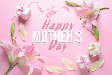 Image of Happy Mother's Day. Greeting card with frame of beautiful lily flowers and gift boxes on pink background, flat lay
