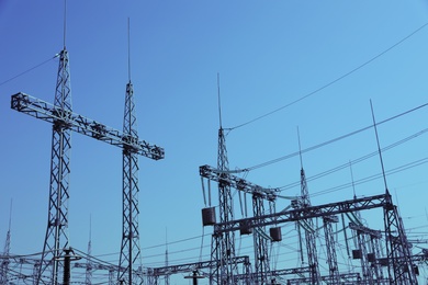 Modern electrical substation on sunny day, low angle view