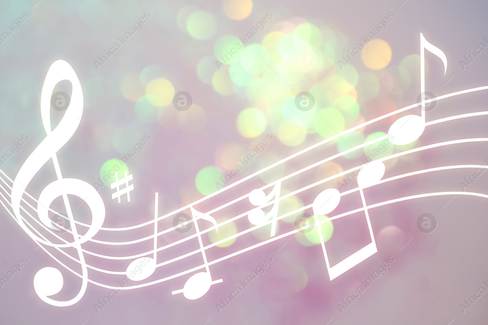 Image of Music notes on blurred background, bokeh effect