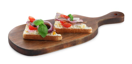 Photo of Delicious sandwiches with anchovy, tomato and basil on white background