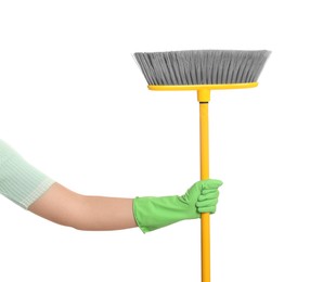 Photo of Woman holding broom on white background, closeup