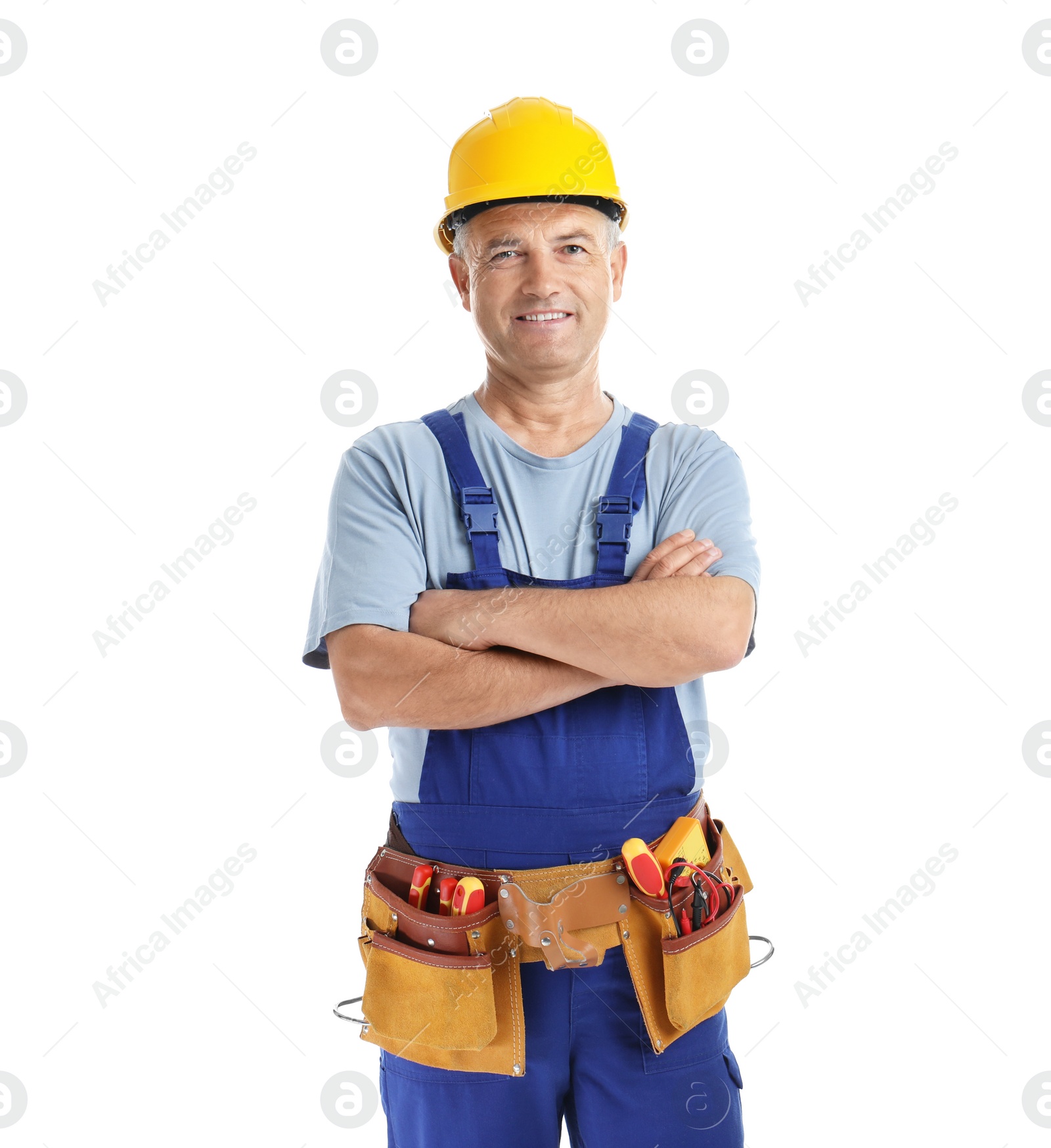 Photo of Electrician with tools wearing uniform on white background