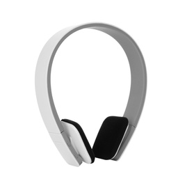 Photo of Stylish modern headphones with earmuffs on white background