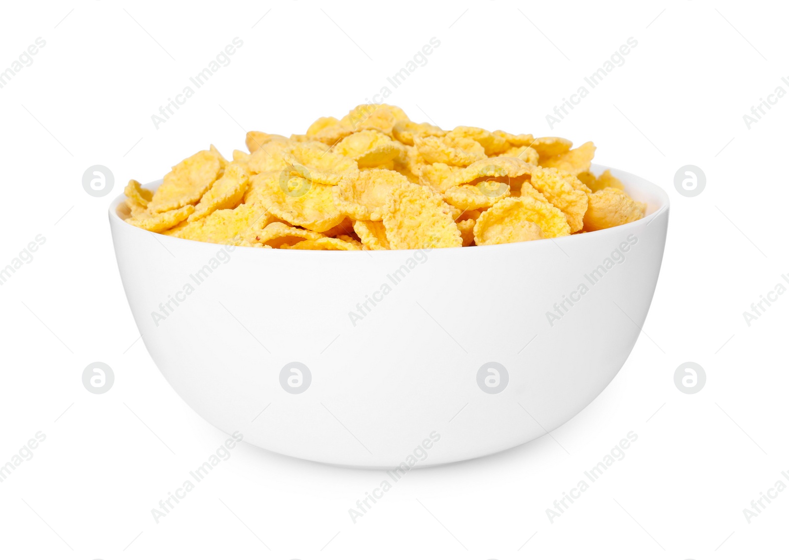 Photo of Breakfast cereal. Tasty corn flakes in bowl isolated on white