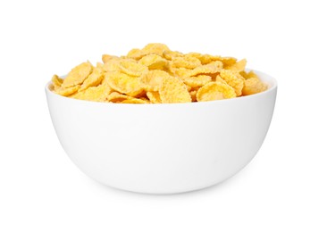 Breakfast cereal. Tasty corn flakes in bowl isolated on white