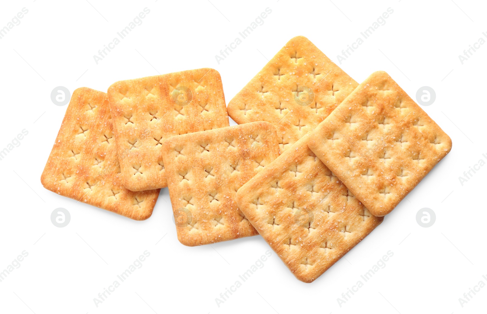 Photo of Delicious crispy crackers isolated on white, top view