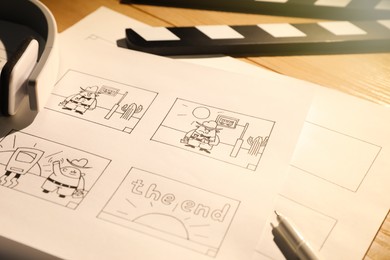 Photo of Storyboards with cartoon sketches at workplace. 	
Pre-production process