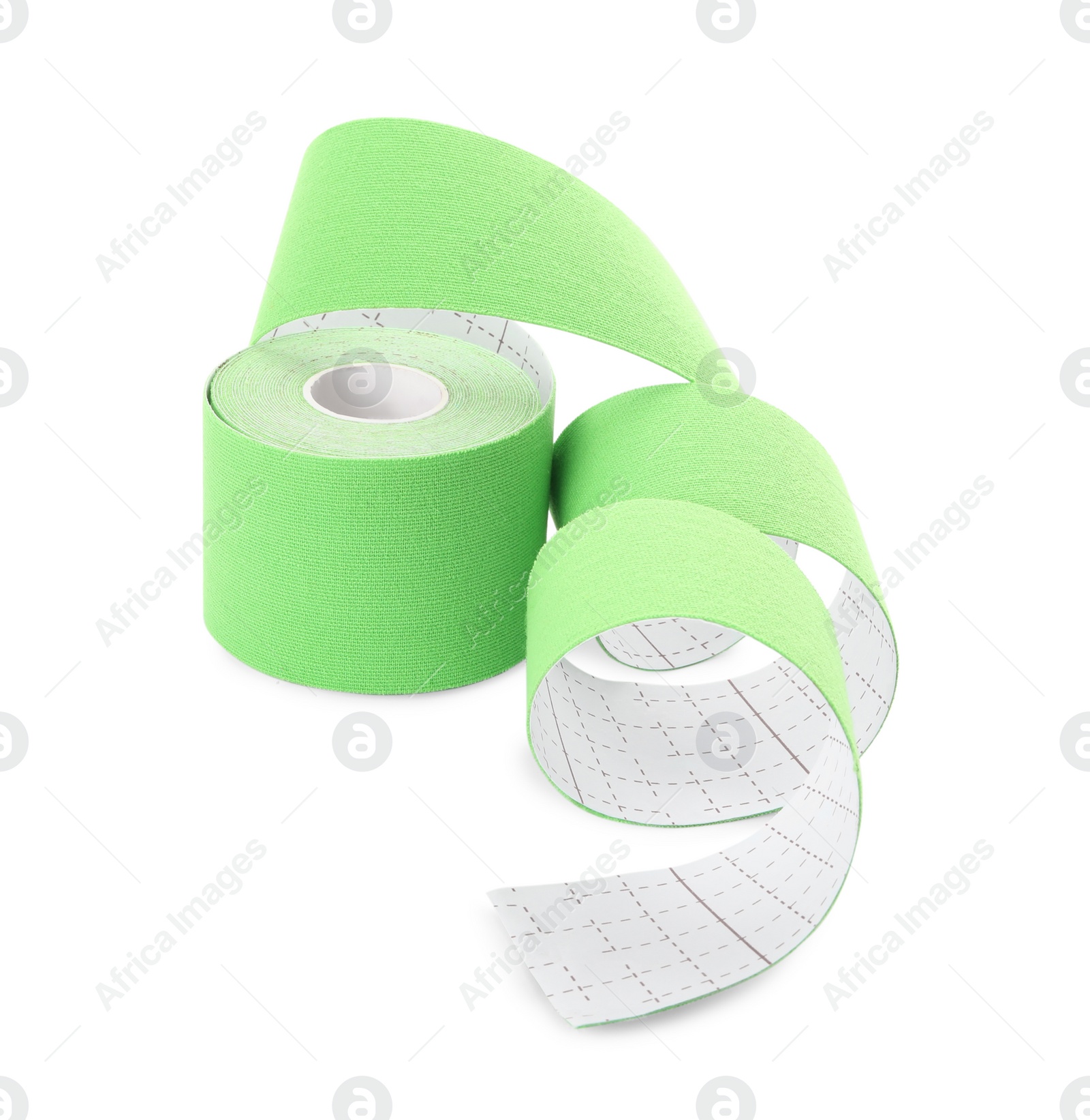 Photo of Green kinesio tape in roll on white background