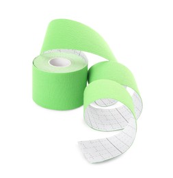 Photo of Green kinesio tape in roll on white background