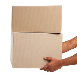 Photo of Courier with parcels on white background, closeup