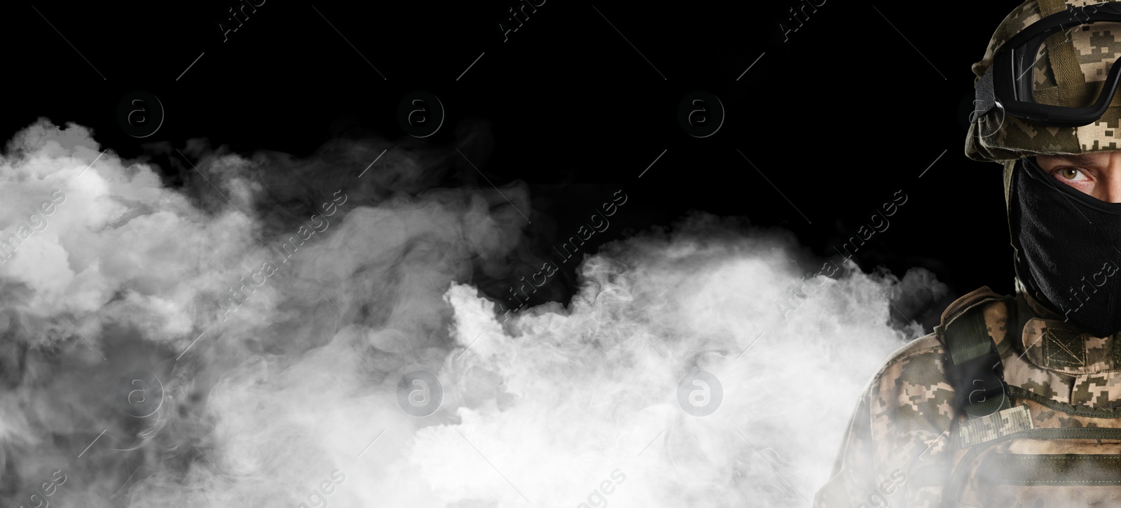 Image of Armed soldier in smoke on black background, space for text. Banner design