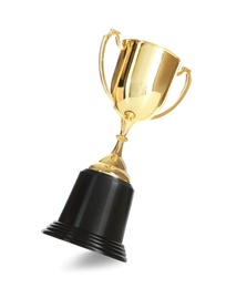 Photo of Shiny gold cup on white background. Winner's trophy