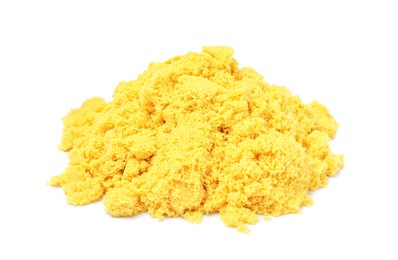 Photo of Pile of yellow kinetic sand on white background