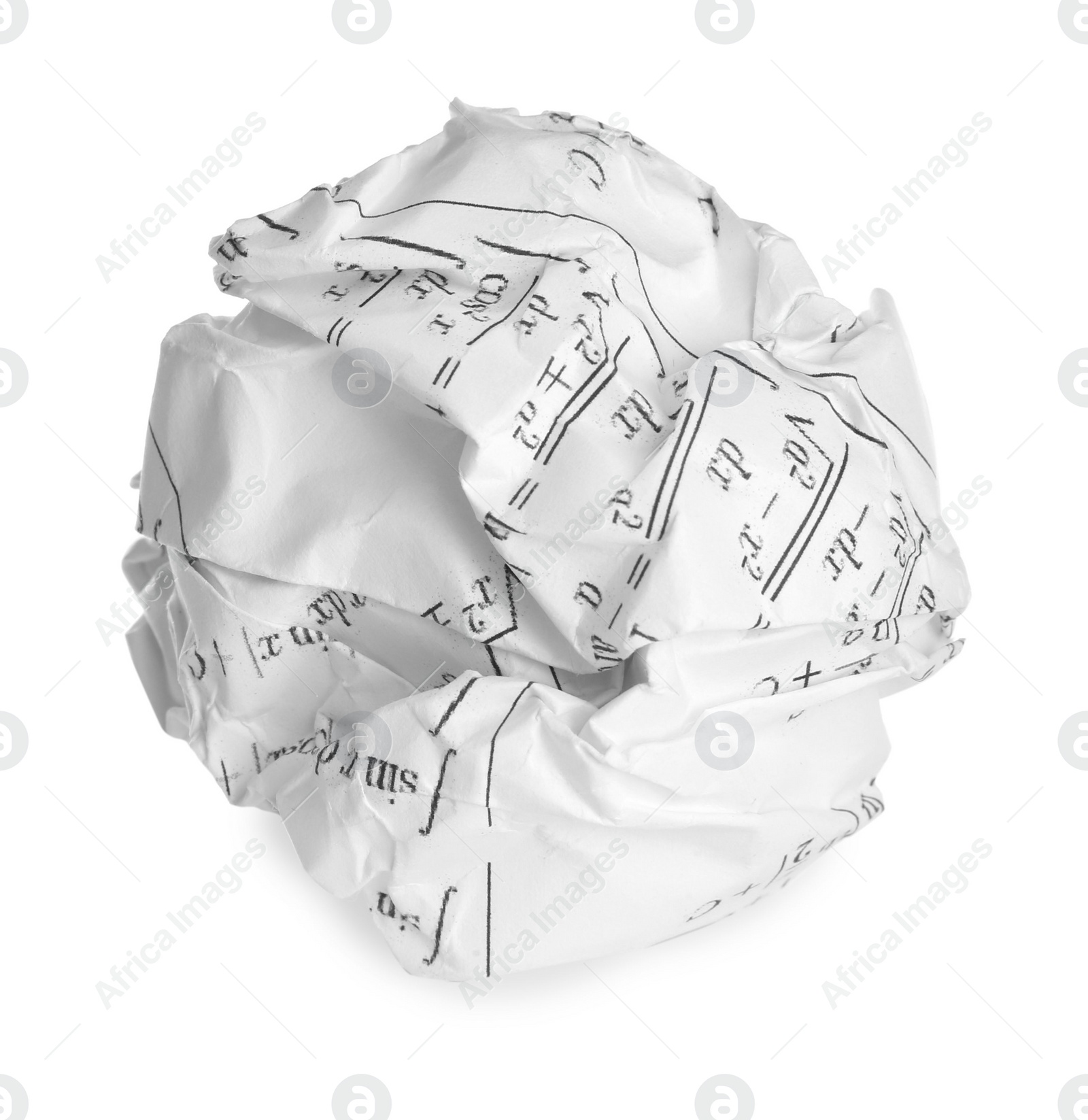 Photo of Crumpled sheet of paper with math equations isolated on white