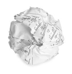 Photo of Crumpled sheet of paper with math equations isolated on white