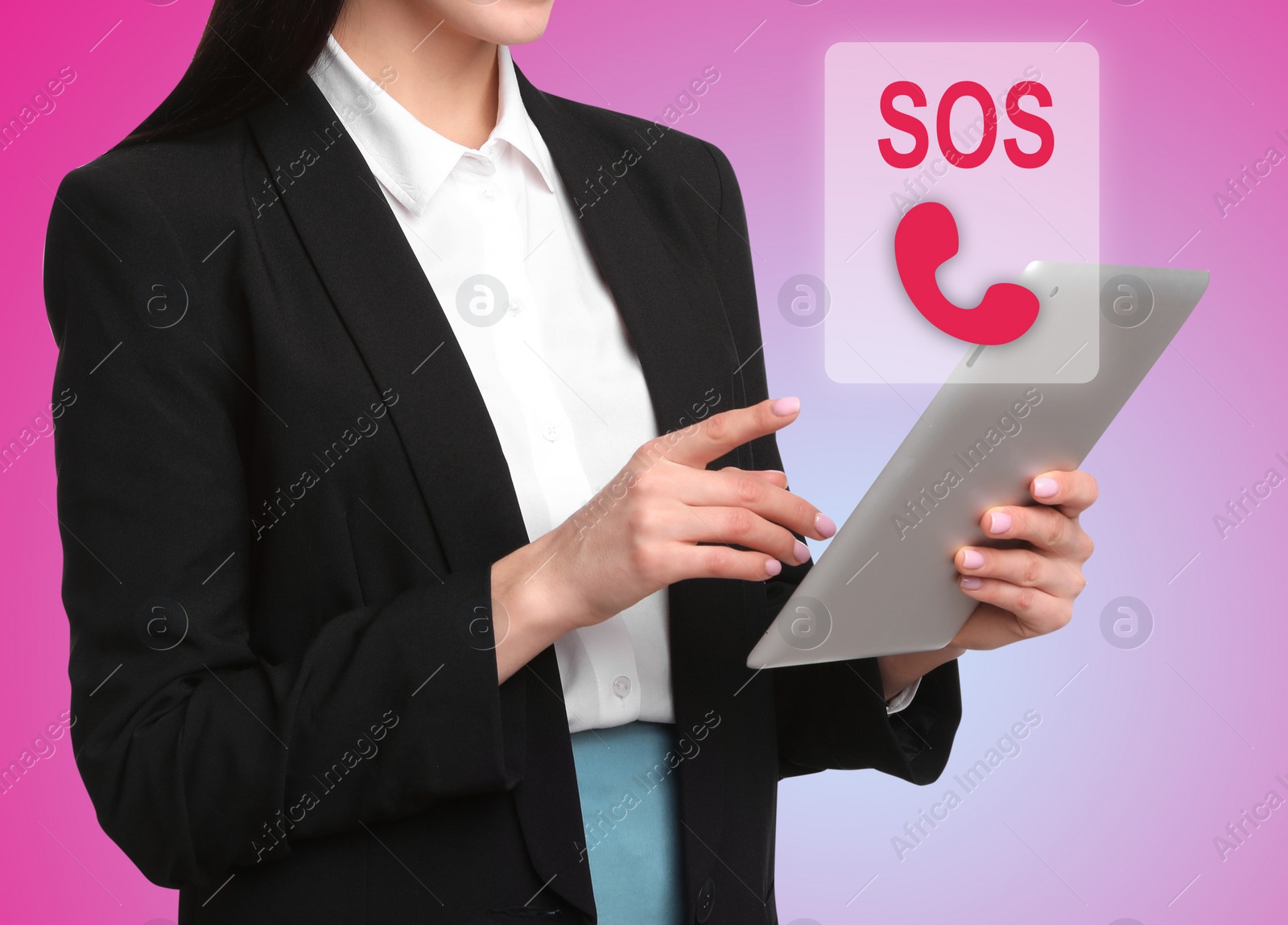 Image of Young woman with tablet and virtual icon SOS on color background, closeup